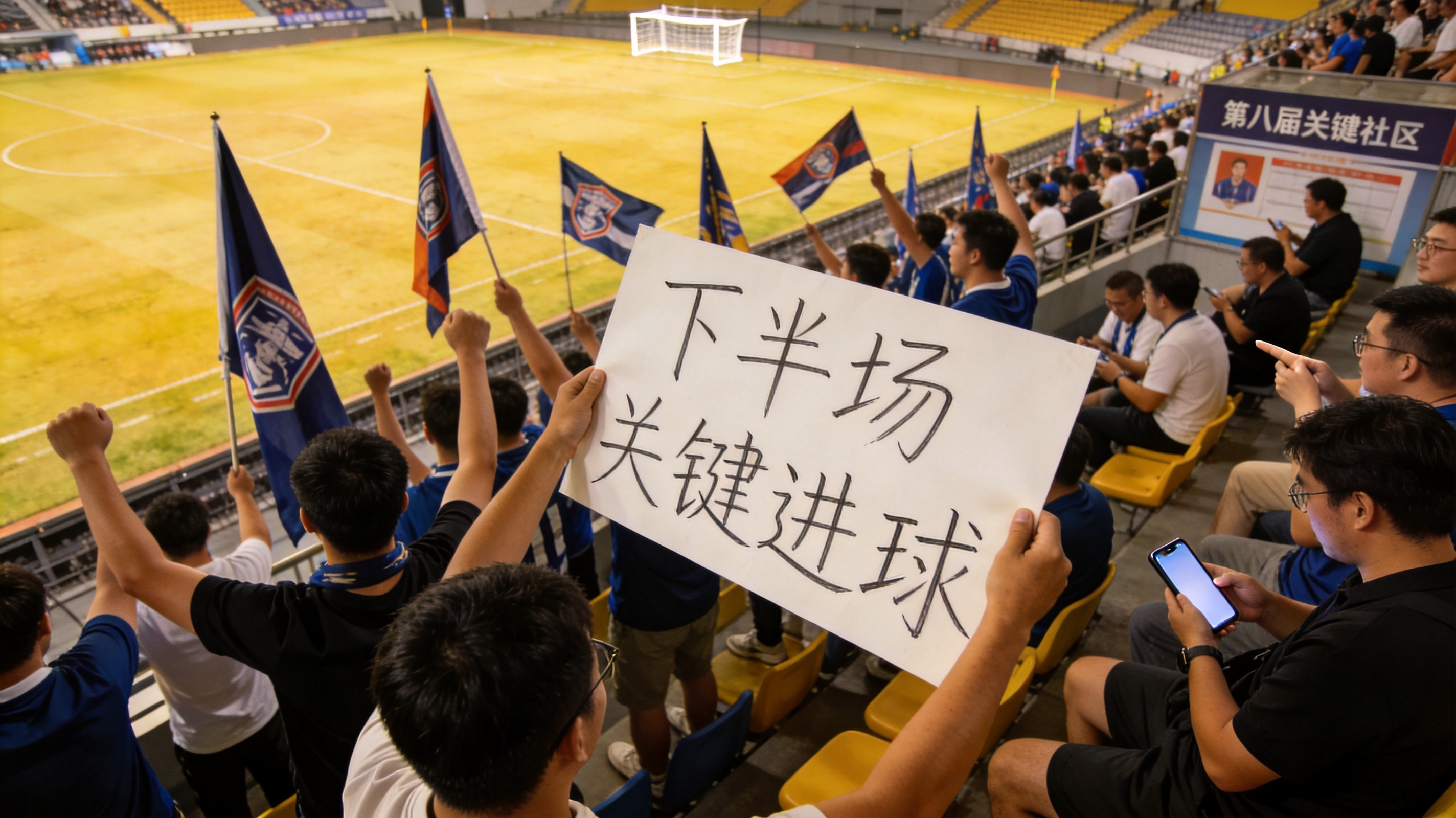足球球迷在看台手持球队旗帜为球队助威
